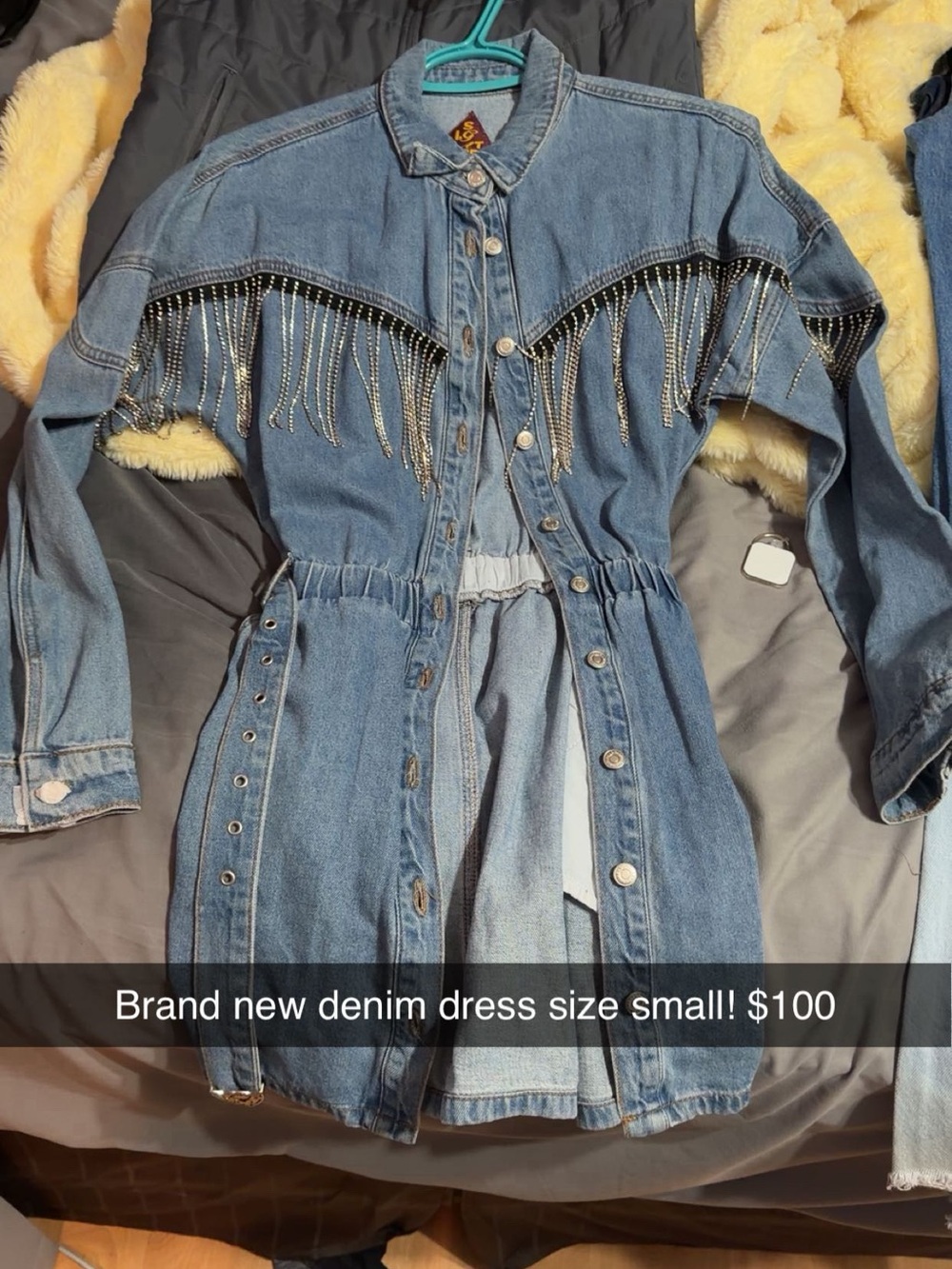 Denim Fringe Button-Front Jacket Dress - Blue